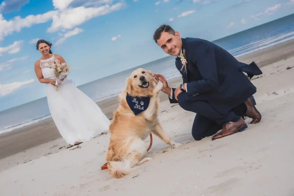 Brautpaar mit Hund am Strand